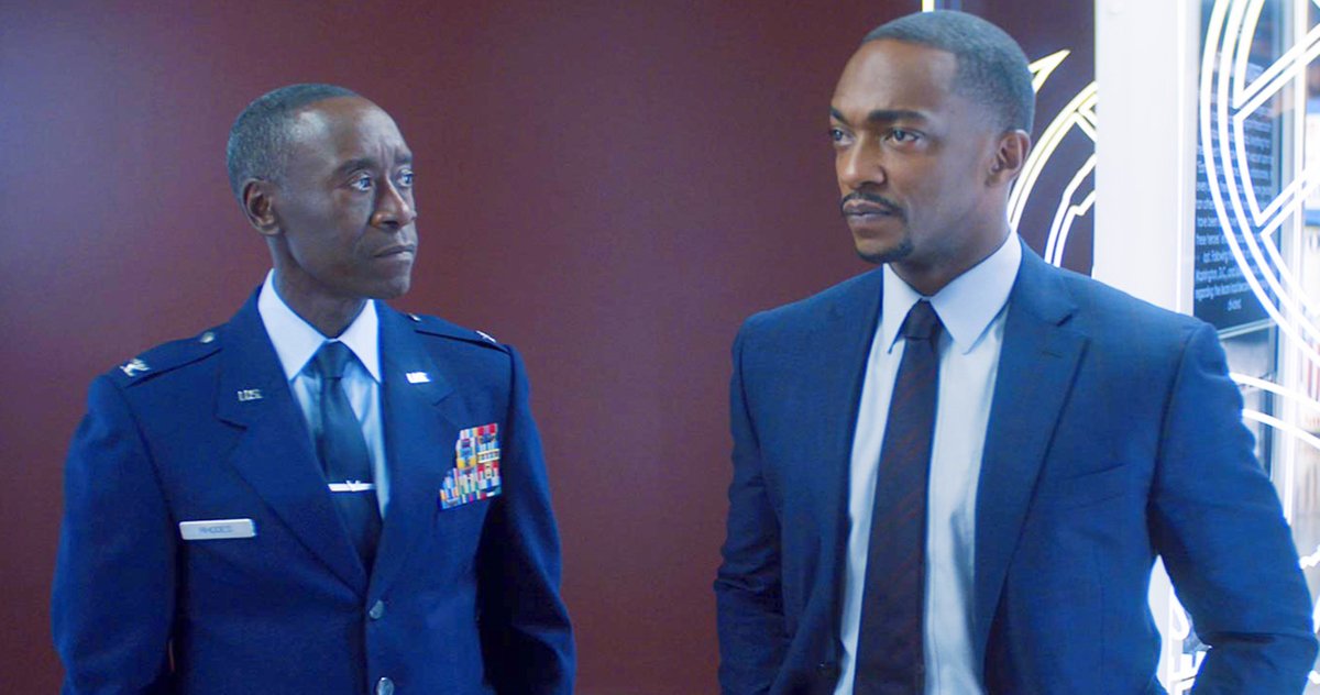 Don Cheadle as James Rhodey/War Machine (left) and Anthony Mackie as Sam Wilson/Falcon in "The Falcon And Winter Soldier"